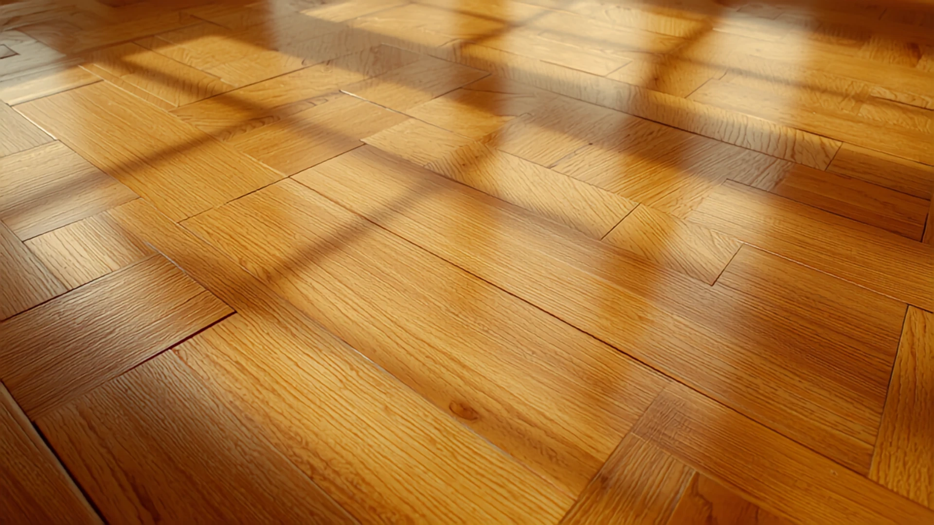 Parquet mosaico de roble miel recién plastificado, terminación satinada