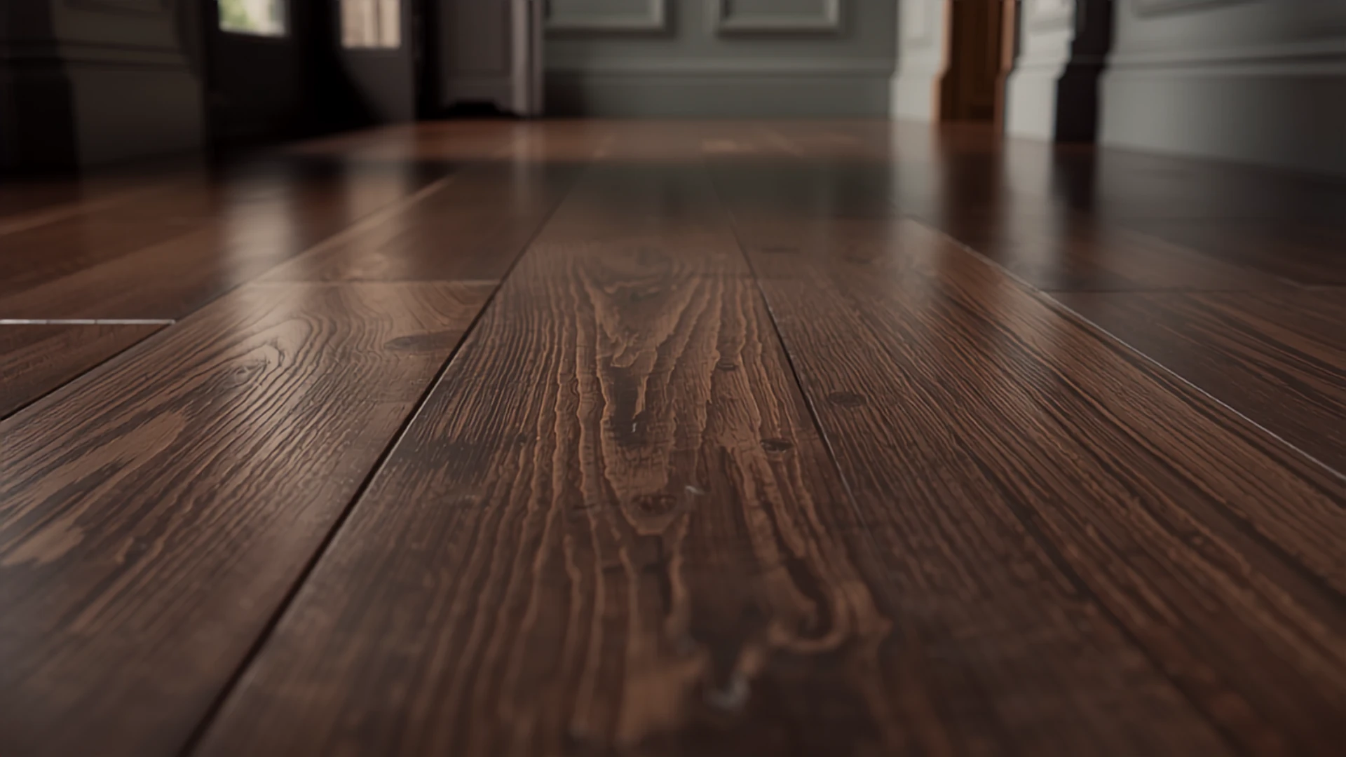 Piso de madera nogal oscuro recién plastificado, tablas largas, terminación mate