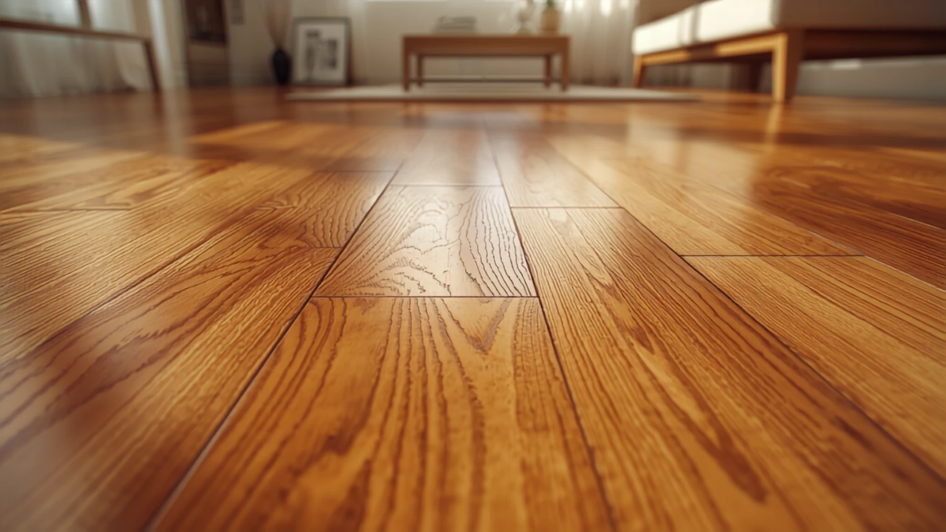 Piso de petiribí dorado recién plastificado, tablas largas, terminación brillante
