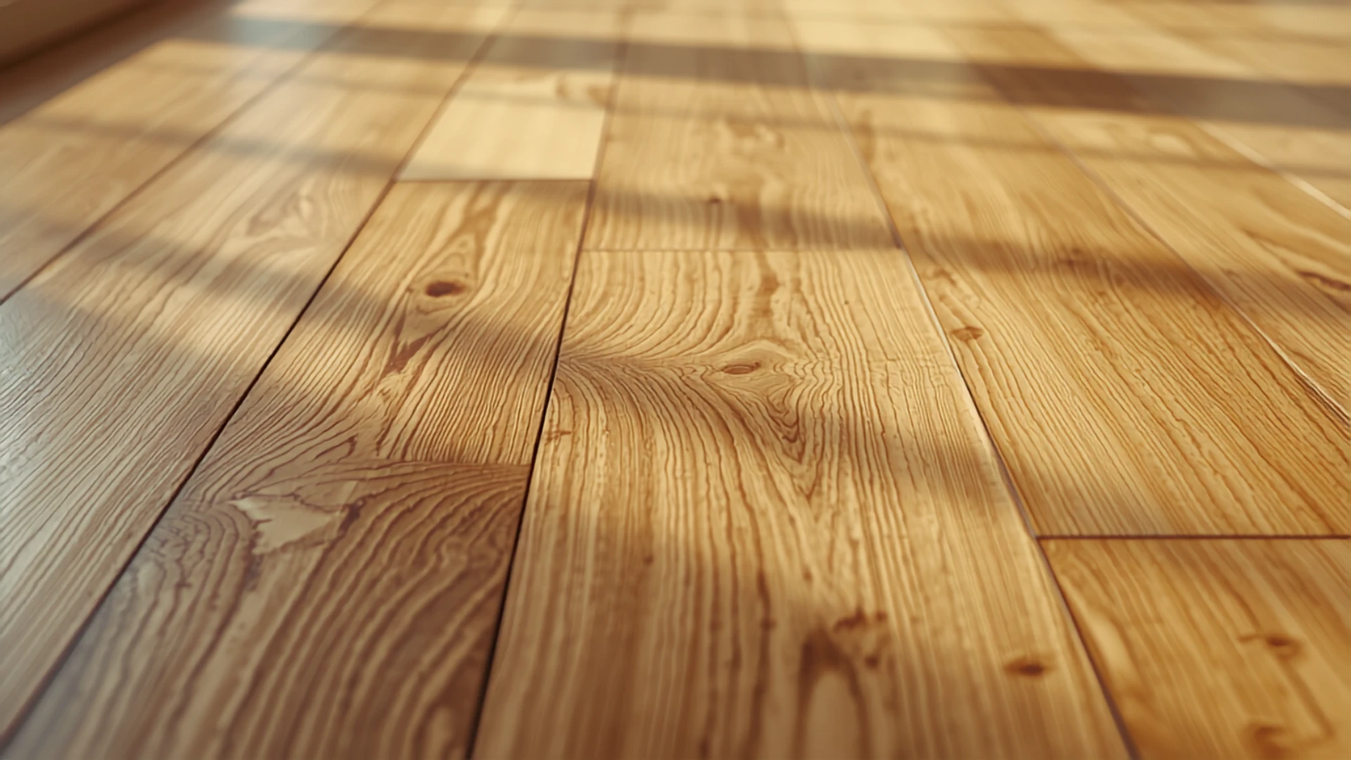 Piso de pinotea clara recién plastificado, tablas largas, terminación brillante