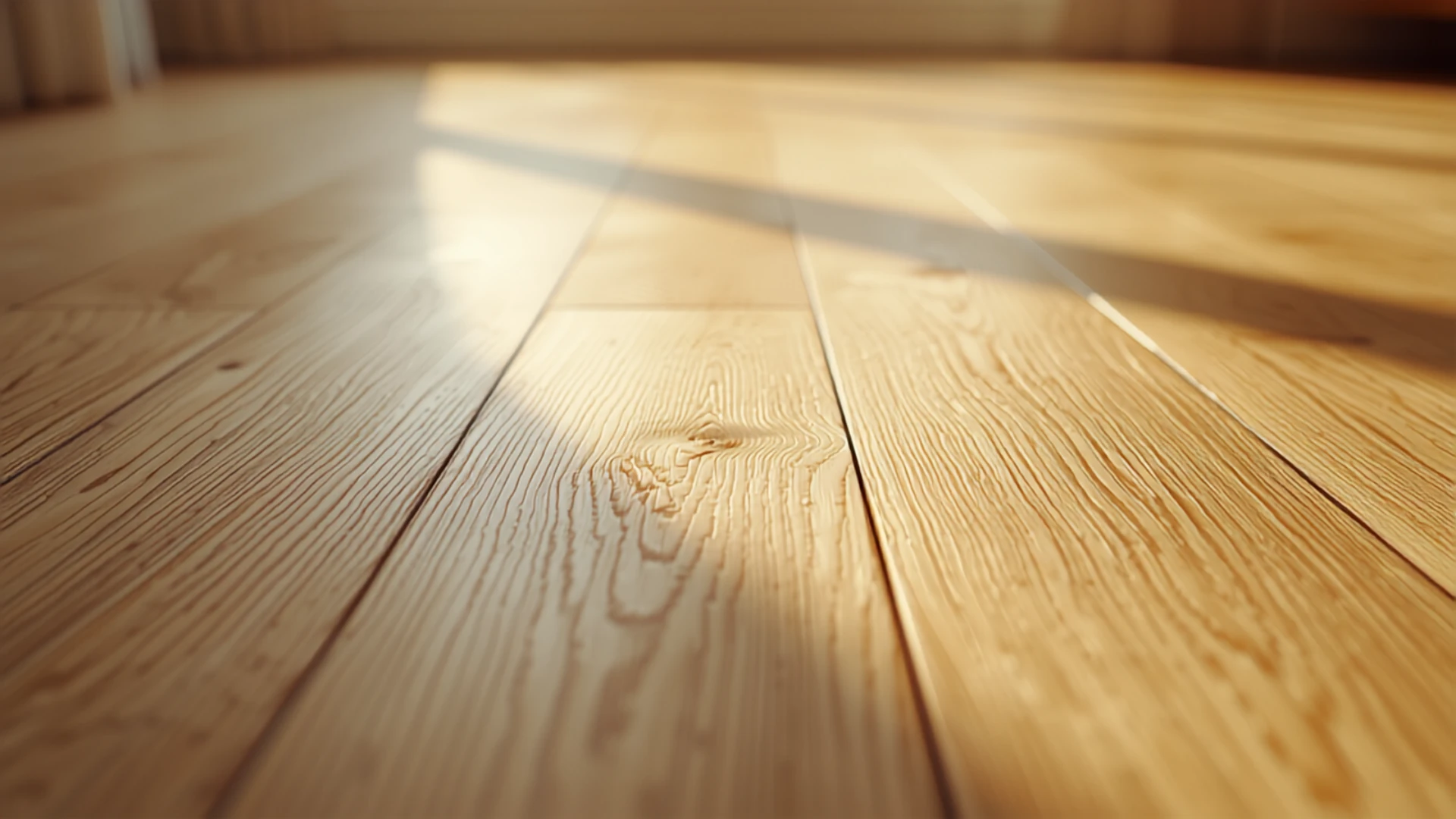 Piso de madera roble miel recién plastificado, tablas largas, terminación satinada
