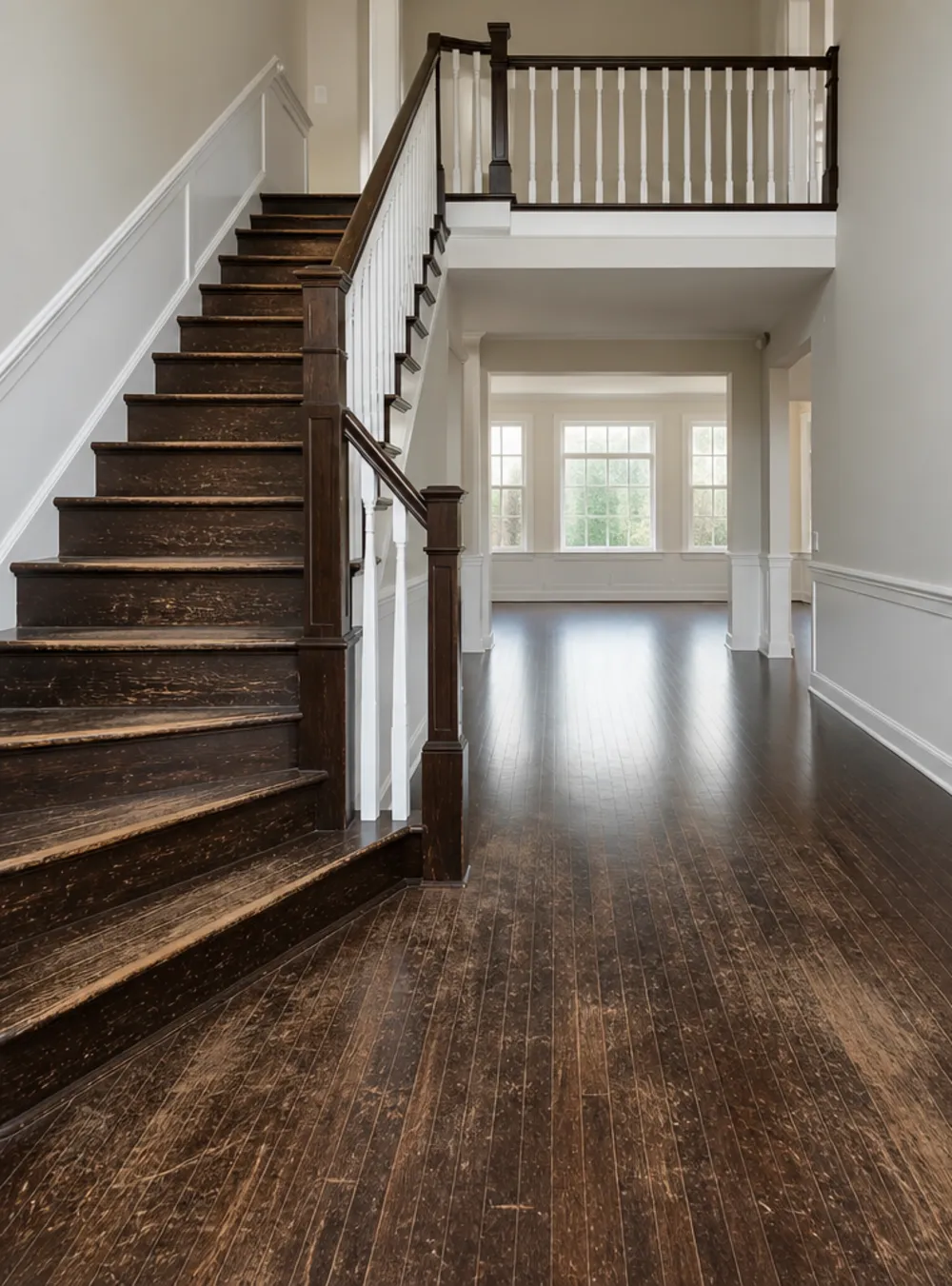 Escalera de madera con escalones desgastados y opacos, antes del plastificado