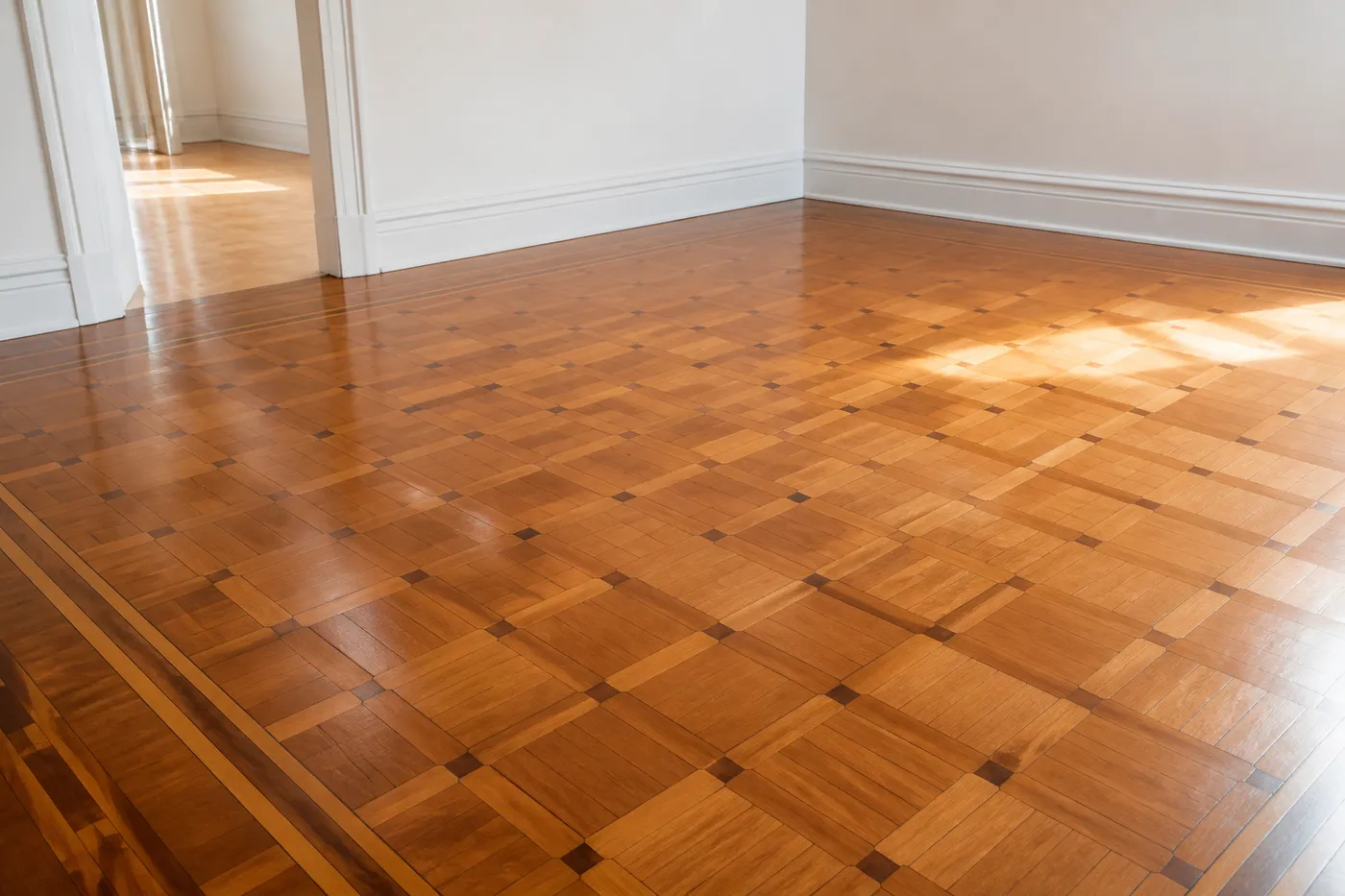 Parquet mosaico en cestería de roble, plastificado con terminación satinada