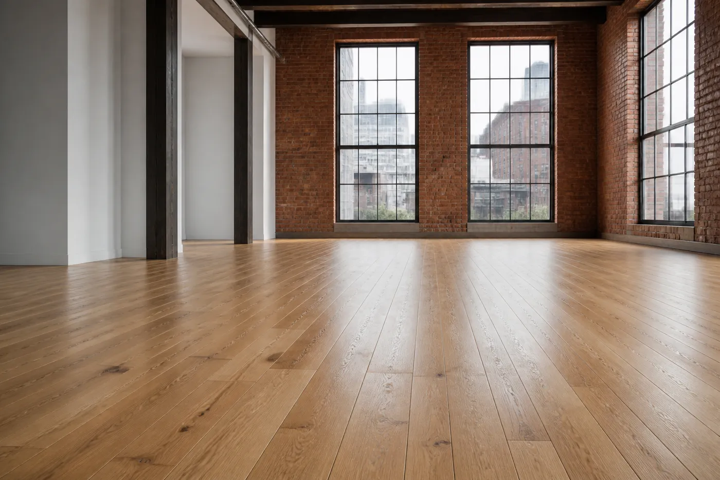 Piso de tablón ancho de roble plastificado en un ambiente tipo loft